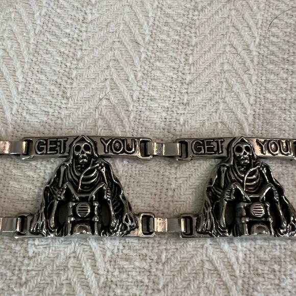 Biker Belt in Black Leather w/Silver Metal Links of Skeleton on Motorcycle main image 9